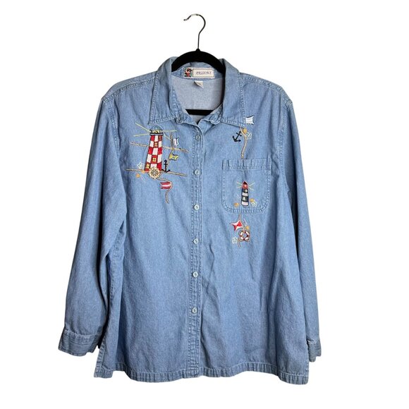 Passion-I Vintage Lighthouse Embroidered Shirt Womens Size XL Full Button Collar - Picture 1 of 6